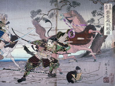 渡辺延一: Shigemori and Yoshihira Battling outside the Shishinden Palace, two panels of a triptych - Legion of Honor