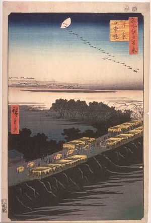 歌川広重: Nihon Embankment and the Yoshiwara (Yoshiwara nihonzutsumi), no. 100 in the series One Hundred Views of Famous Places in Edo (Meisho edo hyakkei) - Legion of Honor