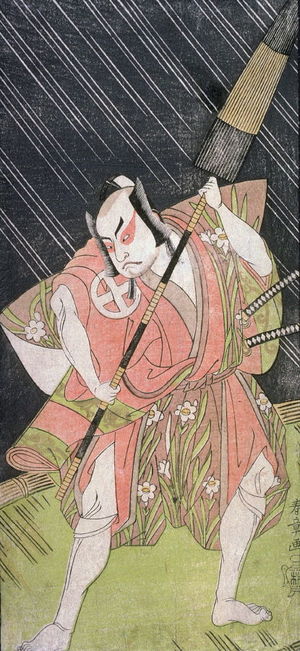 勝川春章: Otami Hiroji II as a Samurai on Bridge in Night Rain - Legion of Honor