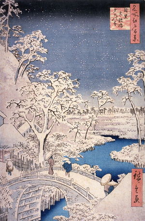 Utagawa Hiroshige: The Drum Bridge at Yuhi Hill in Meguro (Meguro taikobashi yuhi no oka), no. 111 in the series One Hundred Views of Famous Places in Edo (Meisho edo hyakkei) - Legion of Honor