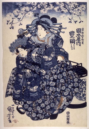 Utagawa Kuniyoshi, 歌川国芳 (Utagawa Kuniyoshi)による浮世絵「Toyoka of the Okamotoya with her kamuro Kiyono and Hanano」