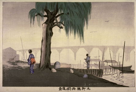 小林清親: Distant View of Ryogoku Brdige from Motoyanagi Bridge (Motoyanagibashi ryogoku enkei) from an untitled series of views of Tokyo - Legion of Honor
