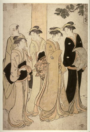 鳥居清長: Four women and a man at the entrance to a shrine - Legion of Honor