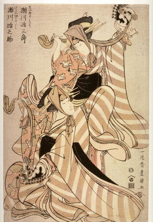 Utagawa Toyokuni I: Segawa Michisaburo and Segawa Michinosuke as Oiso no Tora and Kaiwazaka no Shosho Performing a Pony Dance, from an untitled series of double portraits of actors - Legion of Honor