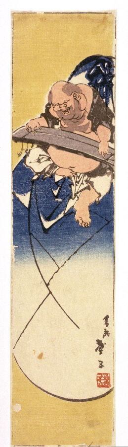 Katsushika Taito II: Hotei Seated on a Sack Playing a One-stringed Zither, portion of a sheet from an untitled series of hanimare sheets - Legion of Honor