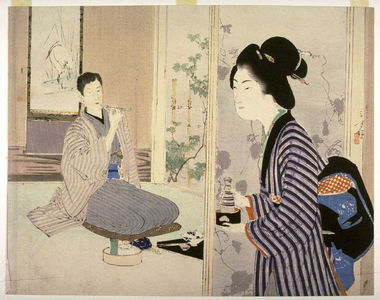 Mizuno Toshikata: Waitress Bringing Wine to a Seated Guest, frontispiece for a novel - Legion of Honor