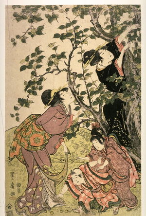 歌川豊広: Women and Children by a Fruit Tree, left panel of a triptych of Fruit Gathering - Legion of Honor