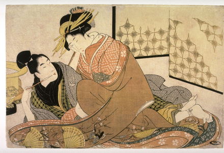 Kitagawa Utamaro: Courtesan with an Adolescent Client, frontispiece of the shunga album Unraveling the Threads of Desire - Legion of Honor