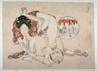 Utagawa School: Man on shoulders beneath standing woman - Legion of Honor