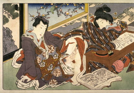 歌川国貞: Couple making love beside a writing table - Legion of Honor