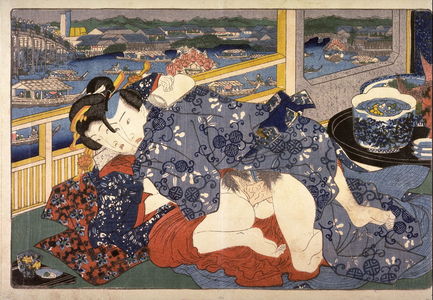 Japanese Print "Lovers near a bridge" by Utagawa Kunisada, 歌川国貞 (Utagawa Kunisada)