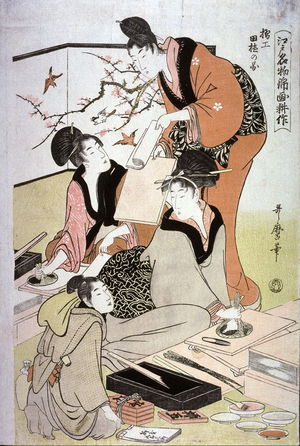 Kitagawa Utamaro: The Printer Tills the Field (Suriko taue no zu) from the series The Cultivation of Color Prints, the Famous Product of Edo (Edo meibutsu nishikie ko saku), center panel of a pentaptych or third from left of a six-panel set - Legion of Honor