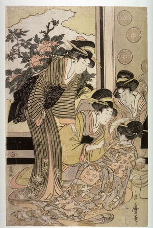 Kitagawa Utamaro: Women Drawing Strings for Prizes, left panel of a triptych - Legion of Honor