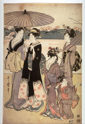 Kitagawa Utamaro: Women and Children Returning from a Flower Viewing Excursion, panel from an unidentified triptych - Legion of Honor