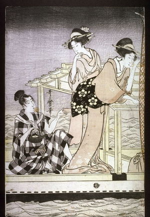 喜多川歌麿: Two Women and Man on a Fishing Boat, panel from an unidentified triptych - Legion of Honor