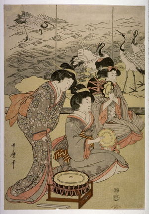 Kitagawa Utamaro: Seated Musicians, perhaps from an unidentfied triptych of Shizuka Gozen Tosses Her Sleeve as She Dances Before Yoshitomi at the Palace in Tsurugaoka ( Tsurugaoka wakamiya ni oite shizukajo sode o mai) - Legion of Honor