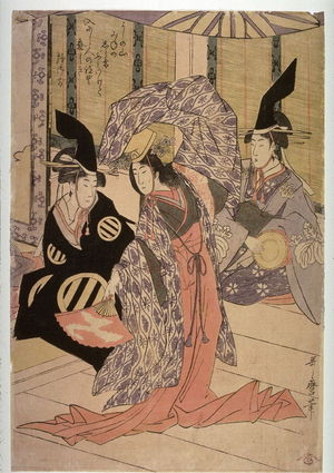 Kitagawa Utamaro: Shizuka Gozen Toses Her Sleeve as She Dances Before Yoritomo at the Palace in Tsurugaoka ( Tsurugaoka wakamiya ni oite shizukajo sode o mai) , central panel of a diptych - Legion of Honor