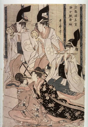 Kitagawa Utamaro: Shizuka Gozen Tosses Her Sleeve as She Dances Before Yoritomo at the Palace in Tsurugaoka (Tsurugaoka wakamiya ni oite shizukajo sode o mai) ,right panel of a diptych - Legion of Honor