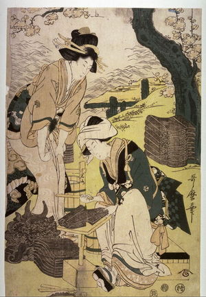 喜多川歌麿: Women Making Roof Tiles, panel from a triptych - Legion of Honor