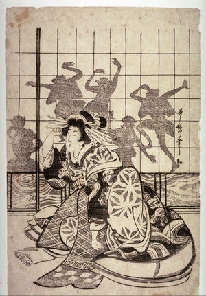Kitagawa Utamaro: Courtesan Kneeling by a Paper Door with Shadow Dancers - Legion of Honor