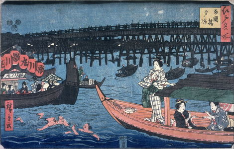 歌川広重: Enjoying the Cool of the Evening at Ryogoku Bridge (Ryogokubashi yusuzumi), from a series Famous Places in Edo (Edo meisho) - Legion of Honor