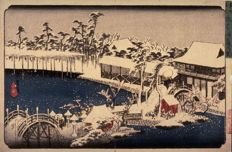 歌川広重: Snow in the Precincts of the Temman Shrine at Kameido (Kameido temmangu kedai yuki), from a series Famous Places in the Eastern Capital (Toto meisho) - Legion of Honor
