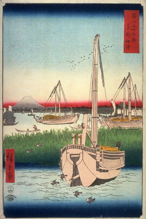 Utagawa Hiroshige: The Ocean near Tsukuda in Edo (Toto tsukuda oki, from the series Thirty-six Views of Mt. Fuji (Fuji sanjurokkei) - Legion of Honor