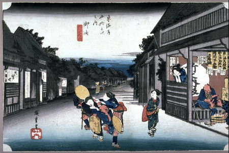 歌川広重: Women Accosting Travelers at Goyu (Goyu tabibito tomeonna), Station 36 from the series Fifty-Three Stations of the T?kaid? (T?kaid? goj?santsugi no uchi) - Legion of Honor