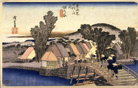 歌川広重: Shimmachi bridge at Hodogaya (Hodogaya shimmachibashi), no. 5 from the series Fifty-three Stations of the Tokaido (Tokaido gojusantsugi no uchi) - Legion of Honor
