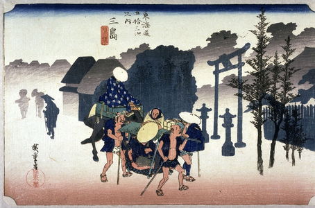 Utagawa Hiroshige: Morning Mist at Mishima (Mishima asagiri), no. 12 from the series Fifty-three Stations of the Tokaido (Tokaido gojusantsugi no uchi) - Legion of Honor