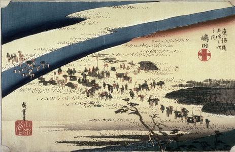 Utagawa Hiroshige: The Suruga bank of the Oi River near Shimada (Shimada oigawa sungan), no. 24 from the series Fifty-three Stations of the Tokaido (Tokaido gosantsugi no uchi) - Legion of Honor