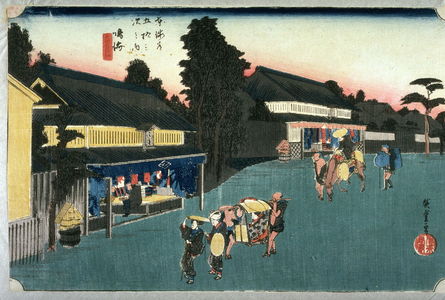 Utagawa Hiroshige: Stores Selling Dyed Cloth at Arimatsu near Narumi (Narumi meibutsu arimatsu shibori), no. 41 from the series Fifty-three Stations of the Tokaido (Tokaido gosantsugi no uchi) - Legion of Honor