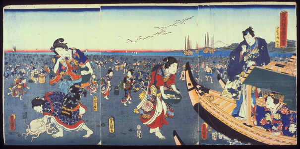 歌川国貞: Third Month: Prince Genji Watching Townspeople Gather Shells at Low Tide (Yayoi), from the series The Twelve Months (Junigatsu no uchi) - Legion of Honor