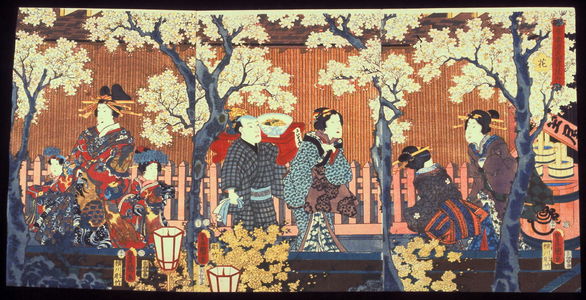 Utagawa Kunisada: Flowers: Night Cherry Blossoms in the Yoshiwara District (Hana), from the series An Eastern Genji in Snow, Moon, and Flowers (Azuma genji setsugekka no uchi) - Legion of Honor