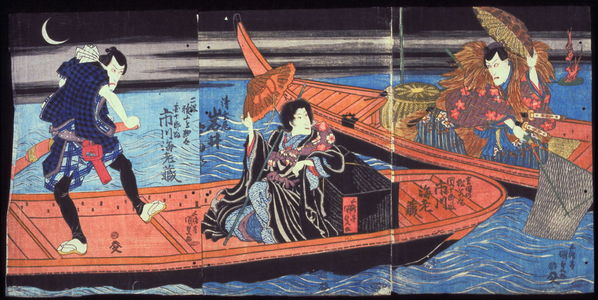 歌川国貞: The Actors Ichikawa Ebizo V and Iwai Hanshiro V as Yoshida no Matsuwakamaru, the Nun Seigen, and a Boatman - Legion of Honor