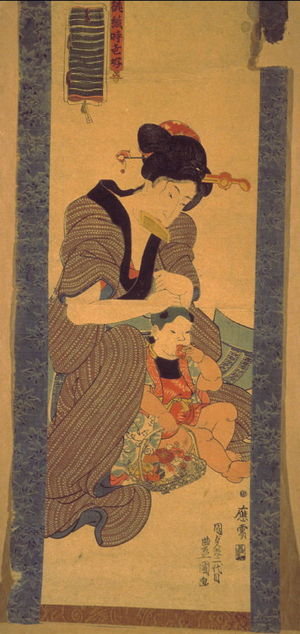 Utagawa Kunisada: Mother Gathering Son's Hair, from the series Fabrics Woven to Order for Modern Taste (Atsuraeori tosei gonomi) - Legion of Honor