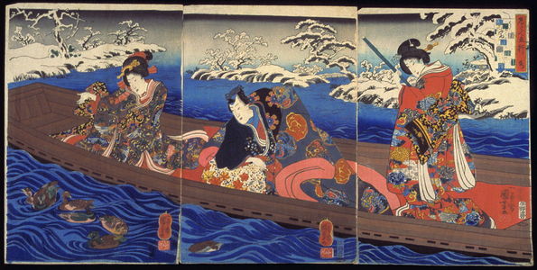 歌川国芳: Water: the Drifting Boat--Genji and Two Companions Watching Ducks in Snowy River (Mizu: Ukifume), from the series The Five Elements (Mitate gogyo) - Legion of Honor