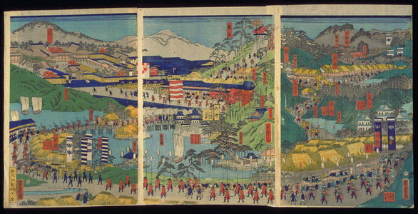 Utagawa Yoshitora: Ishiyokushi to Kyoto, sheets 10-12 of a twelve panel composition Famous Places on the Tokaido: Shogun's Procession to Kyoto to Meet the Emperor (Tokaido meisho zu ) - Legion of Honor