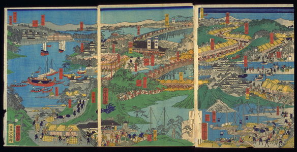 Utagawa Yoshitora: Maizaka to Yokkaichi, sheets 7-9 of a twelve panel composition Famous Places on the Tokaido: Shogun's Procession to Kyoto to Meet the Emperor (Tokaido meisho zu) - Legion of Honor