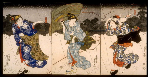 歌川国貞: Three Women in a Thunder Shower near Mimeguri Shrine - Legion of Honor