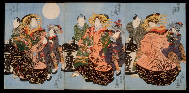 Japanese Print "The Courtesans Takamura, Michitase, and Tsukihime of the Miura Establishment Strolling in the Moonlight" by Utagawa Kunisada, 歌川国貞 (Utagawa Kunisada)