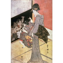 Utagawa Toyokuni I: Woman Watching Two Boys Making Faces, panel of a diptych - Legion of Honor