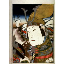 Utagawa Kunishige: Jitsukawa Ensaburo as Hata no Kawakatsu in the play Shitennoji garan kagami at the Naka Theater (Osaka) from the series Biographies of Brave Men at the Height of Their Careers ( Eika jinyuden) (right panel of a reasembled triptych) - Legion of Honor