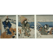 Utagawa Kunisada, 歌川国貞 (Utagawa Kunisada)创作的日本版画《Three Women Arriving at a House (in snowy weather)》