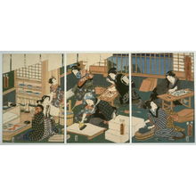 Japanischer Druck "Artisans (a group of women in a workshop producing woodblock prints), from the series A Parody of the Four Social Classes" von Utagawa Kunisada, 歌川国貞 (Utagawa Kunisada)