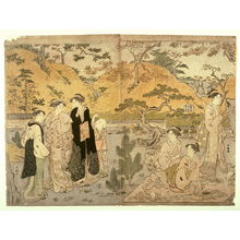勝川春潮: Women Viewing Maple Leaves (perhaps at Kaian Temple), two panels from a triptych - Legion of Honor