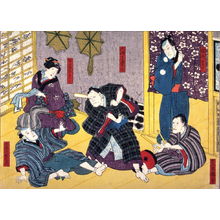 Utagawa Kunisada: Actors as the Hunter Shibaroku, Udaisho Kunifusa, Dainagon Kaneaki, the rice merchant Hineemon and His Wife Okiji from an untitled series of half-block scenes from kabuki plays - Legion of Honor