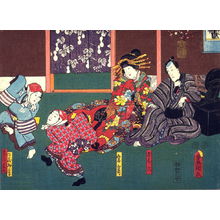 Japanischer Druck "Actors as Gonroku, the Courtesan Iwazaki, and the Manzai Dancers Wasakichi and Wakadaya from an untitled series of half-block scenes from kabuki plays" von Utagawa Kunisada, 歌川国貞 (Utagawa Kunisada)