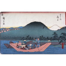 歌川広重: Ferry Boat on the Fuji River near Kambara (Kambara fujikawa watashibune), no. 16 from the series Fifty-three Stations of the Tokaido (Tokaido gojusantsugi) - Legion of Honor