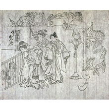 Kawanabe Ky?sai: Untitled (Flowers, Man and Two Women Looking at Dog) sixth of a group of thirteen proofs from the key blocks of fan prints combining genre and floral studies - Legion of Honor